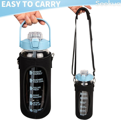 1.5l Glass Water Bottle with Straw & Motivational Time Markings 1.5 litre Large Leakproof Gym Drinking Bottle