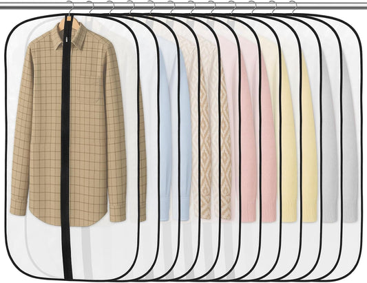 12 Pack Garment Bags, PEVA Translucent Clothes Covers, Suit Bag 40in | Waterproof PEVA, Dustproof, Reusable, Zip Closure, Hanger Opening, Ideal For Suits, Coats, Shirts and Dresses