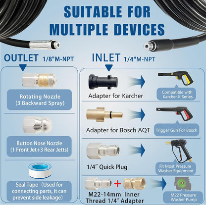 30M Kink Resistant Pressure Sewer Jetting Hose Kit with 2 Types Jet Nozzle & 4 Replacement Adapters, 5800 PSI Washer Drain Pipe Hose Cleaning Kit Compatible with Karcher K2-K7 and Bosch AQT