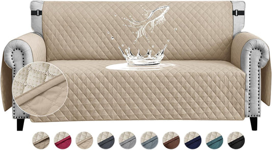 FIGOOO Sofa Covers Water Resistant Sofa Slipcovers 4 Seater Waterproof Anti-Slip Anti-Scratch Sofa Cover with Non Slip Elastic Straps for Dogs Cats Pets,Beige