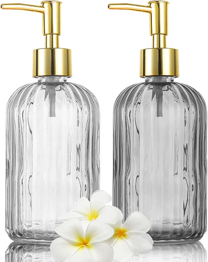 2 Pack Versatile Glass Soap Dispenser Bottle with Pump, 17 Oz Dripless Pump Bottle, Refillable Liquid Hand Jar Dispenser for Bathroom, Countertop, Kitchen, Laundry Room - Clear&Grey