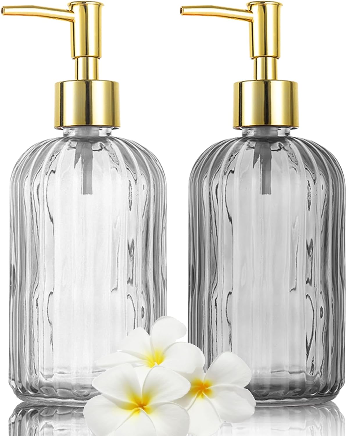 2 Pack Versatile Glass Soap Dispenser Bottle with Pump, 17 Oz Dripless Pump Bottle, Refillable Liquid Hand Jar Dispenser for Bathroom, Countertop, Kitchen, Laundry Room - Clear&Grey