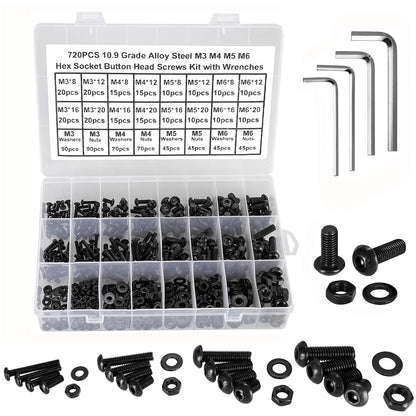 720Pcs Bolts and Nuts Set,M3 M4 M5 M6 Button Head Machine Screws,ISO 7380 Allen Screws,Black Hex Bolts and Washers Set 10.9 Grade Alloy Steel Fully Threaded with 4 Allen Key.