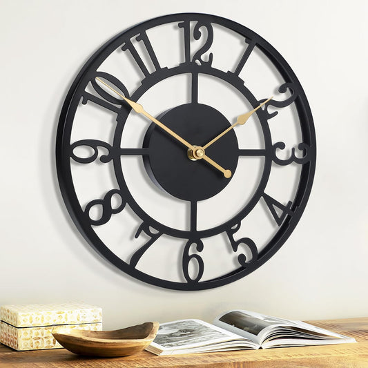 10IN Arabic Wall Clocks Battery Operated Black, Silent Metal Wall Clock for Living Room Decor, Kitchen Wall Clock Decorative