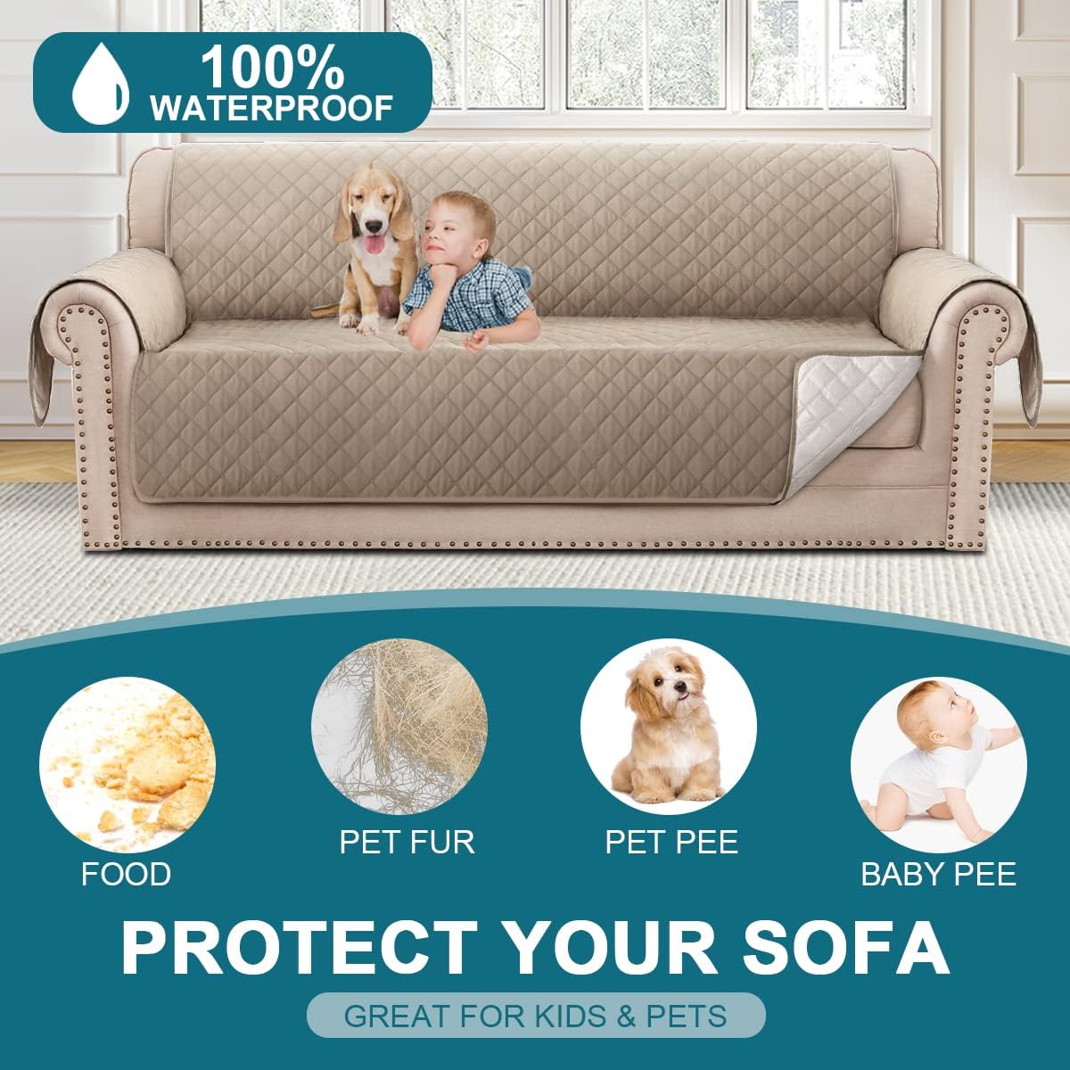 BellaHills Sofa Cover 100% Waterproof Sofa Cover 3 seater Sofa Slipcovers Triple Non-Slip Couch Covers 3 Seater Washable Sofa Protector with Elastic Strap for Kids/Pets (Sofa 70", Khaki)
