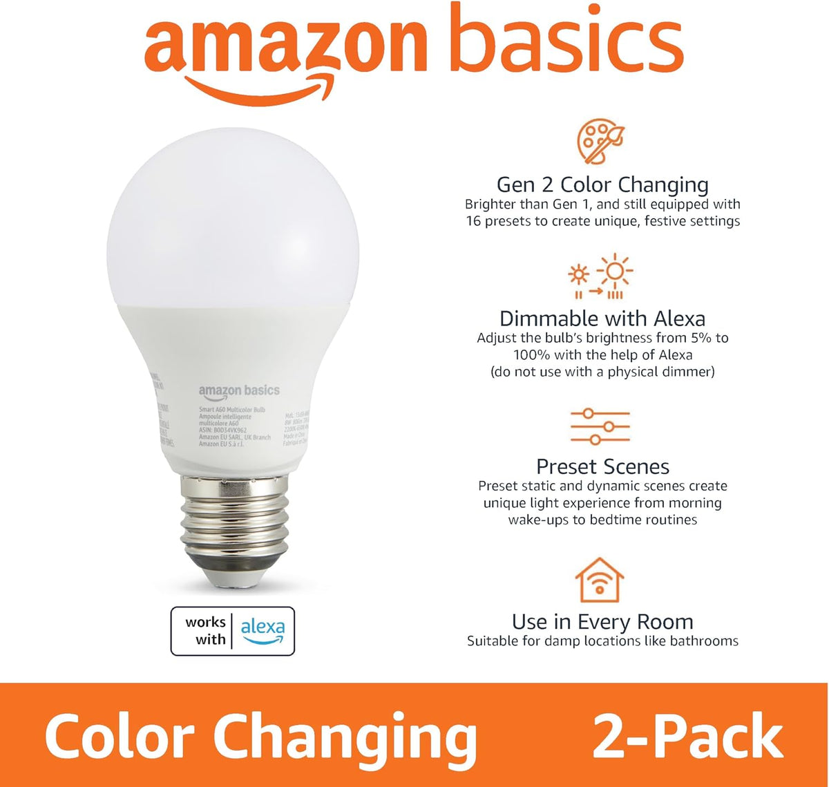 Amazon Basics Smart Multicolor LED Light Bulb, E27 Base, 8W (60W Equivalent), Works with Alexa Only, 2 Pack