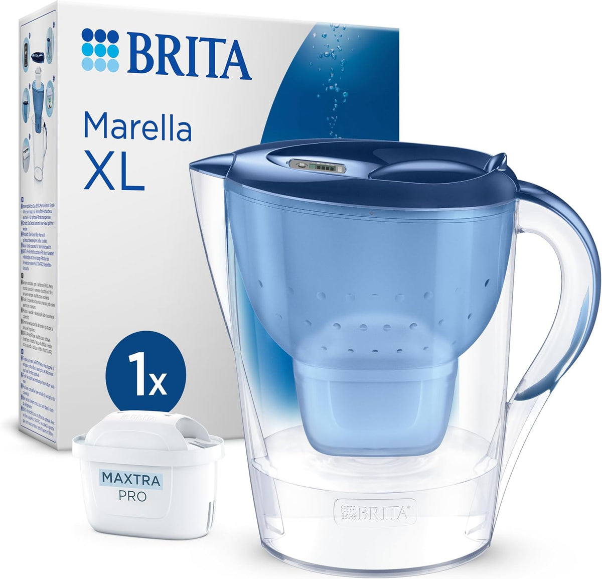 BRITA Water Filter Jug MAXTRA Marella XL, 1x Pure Performance cartridge | Blue (3.5L) large-volume pitcher with digital LTI, Flip-Lid and SmartBox packaging reducing PFAS, chlorine, metals & more