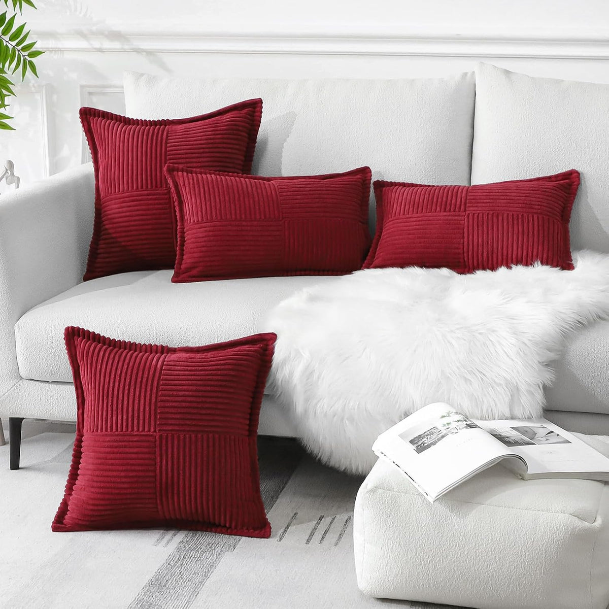 Artscope Corduroy Cushion Covers Pack of 2 Modern Patchwork Throw Pillow Covers Soft Pillowcase Broadside Decorative Textured Cushions for Home decor Sofa Bedroom Couch Wine Red 45x45cm