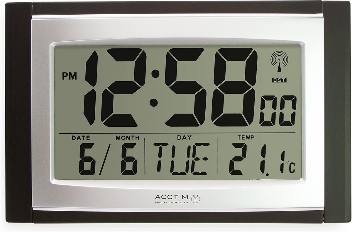 Acctim Stratus radio controlled digital wall and desk clock with LCD display showing date day and temperature, battery powered kitchen or office clock with tabletop or wall mounting in black