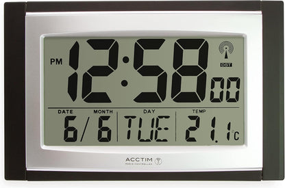 Acctim Stratus radio controlled digital wall and desk clock with LCD display showing date day and temperature, battery powered kitchen or office clock with tabletop or wall mounting in black