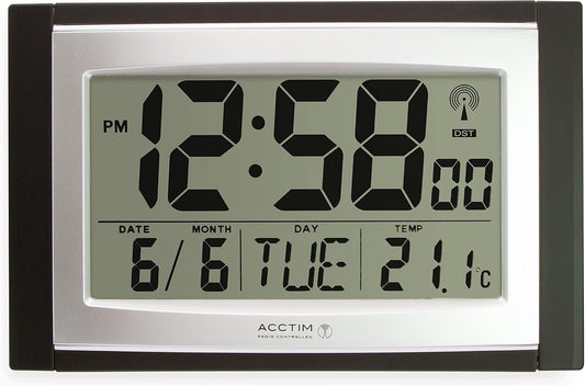 Acctim Stratus radio controlled digital wall and desk clock with LCD display showing date day and temperature, battery powered kitchen or office clock with tabletop or wall mounting in black