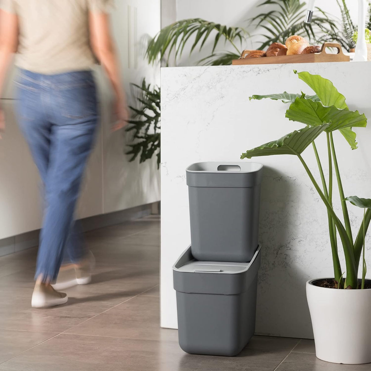 Curver Ready to Collect 100% Recycled 10L Kitchen Accessories Recycling Lift Top Bin Dark Grey Light Grey Lid