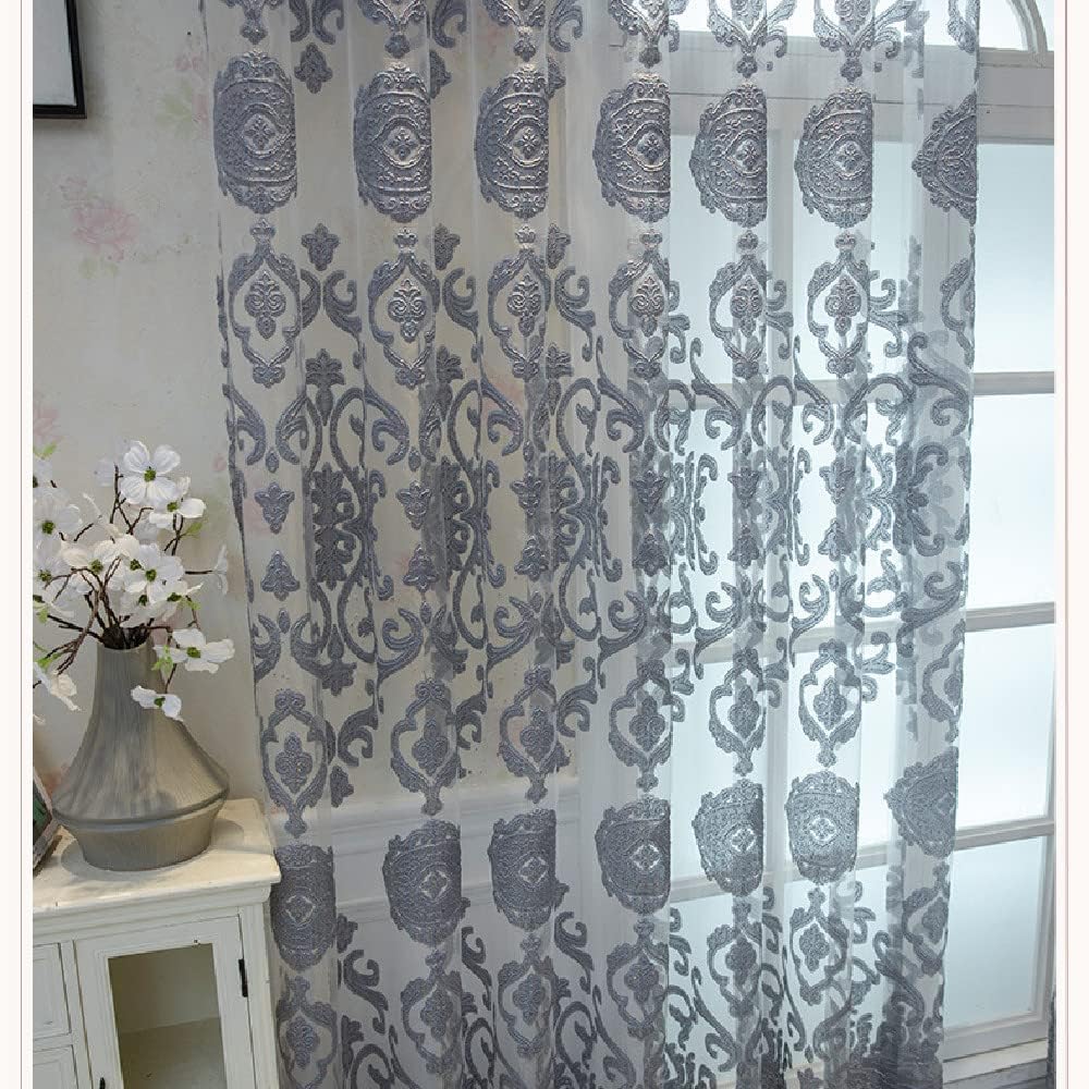 Amidoudou 1 Pair Luxury European Sheer Curtains Hollow Embroidered Tulle Curtains for Bedroom Living Room (Gray,63x90 Inch)