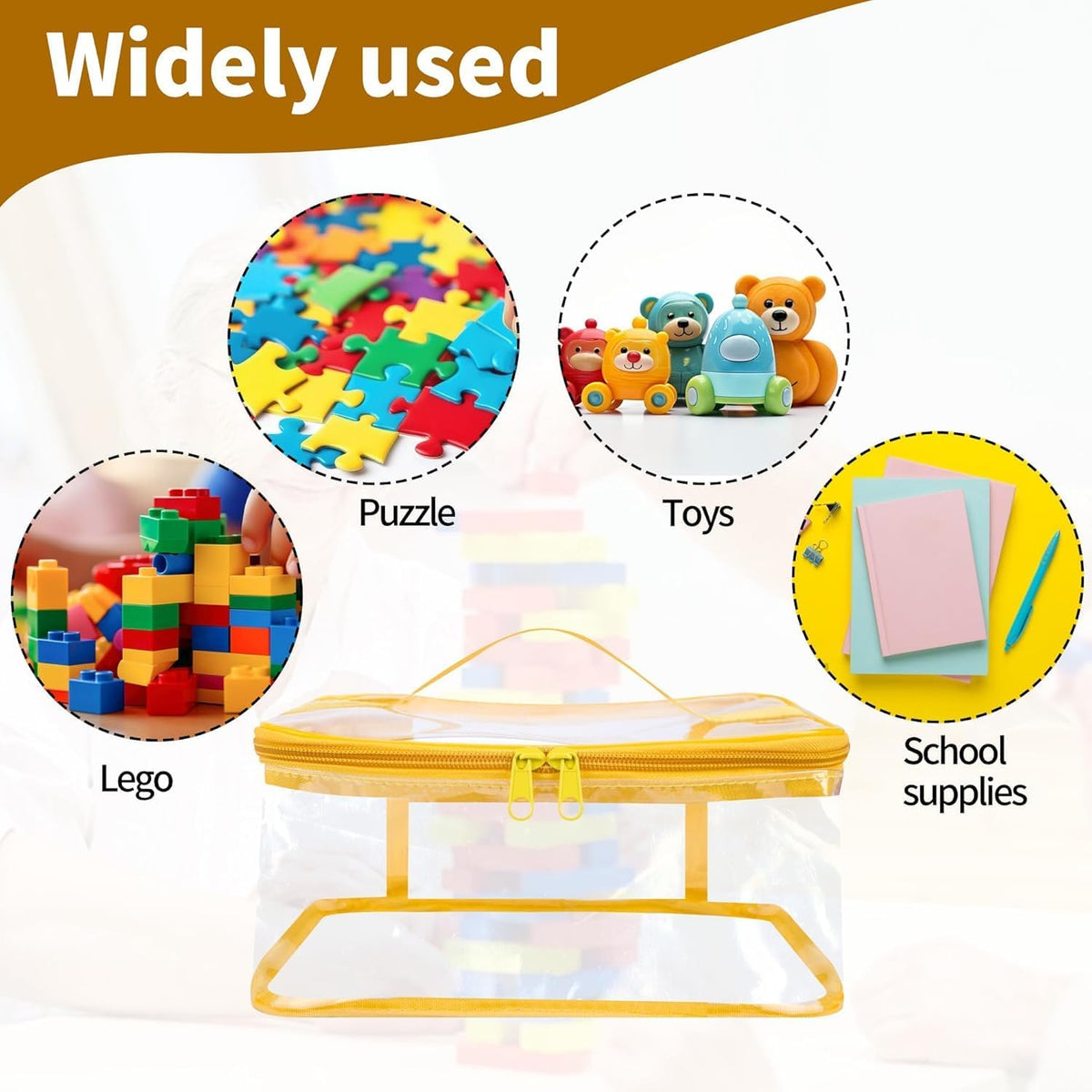 3 Pcs Toy Storage Bags-Clear PVC Organizing Bags with Double Zipper-Reusable Waterproof Toy Container with Handle-Travel Case Pouch for Building Blocks, Puzzle, Balls, Pretend Play Toys
