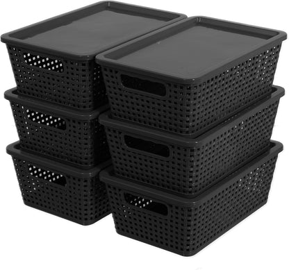 Citylife Set of 8 Pack Plastic Storage Baskets With Lid, Storage Basket for Organizing,Stackable Storage Containers Bins Boxes for Kitchen Bathroom Desktop Closet Classroom Office,Black