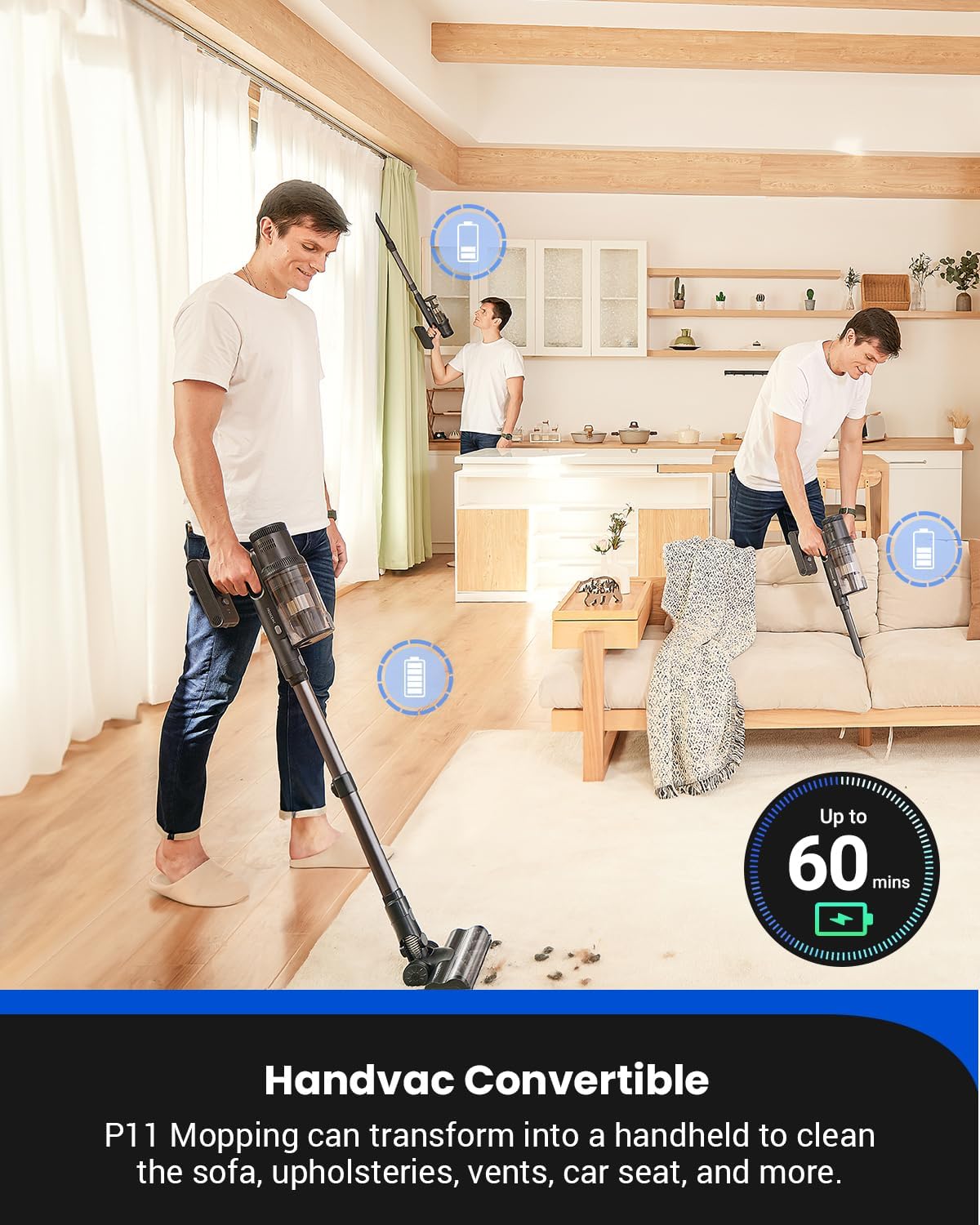 Proscenic Cordless Vacuum Cleaner, Vacuum and Mop Combo All in one, 550W 45Kpa 60Mins Lightweight Stick Vacuum with LED Display, Rechargeable Hoover Cordless for Floors Pet Hair Carpet, P11 Pro