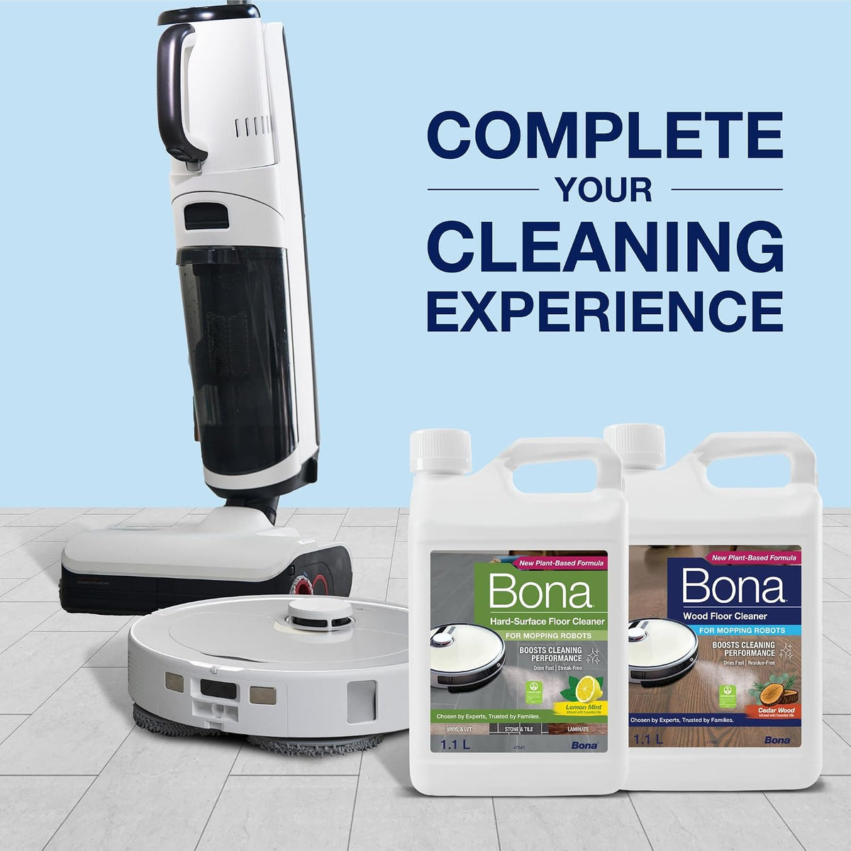 Bona Hard-Surface Floor Cleaner for Mopping Robots and Vacuums, Concentrate, Quick-drying and Streak-free, Lemon Mint - 1.1L