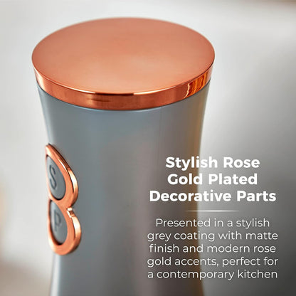 Tower Electric Salt and Pepper Mills, Battery Operated with Adjustable Ceramic Grinders, Grey and Rose Gold, T847004GRY