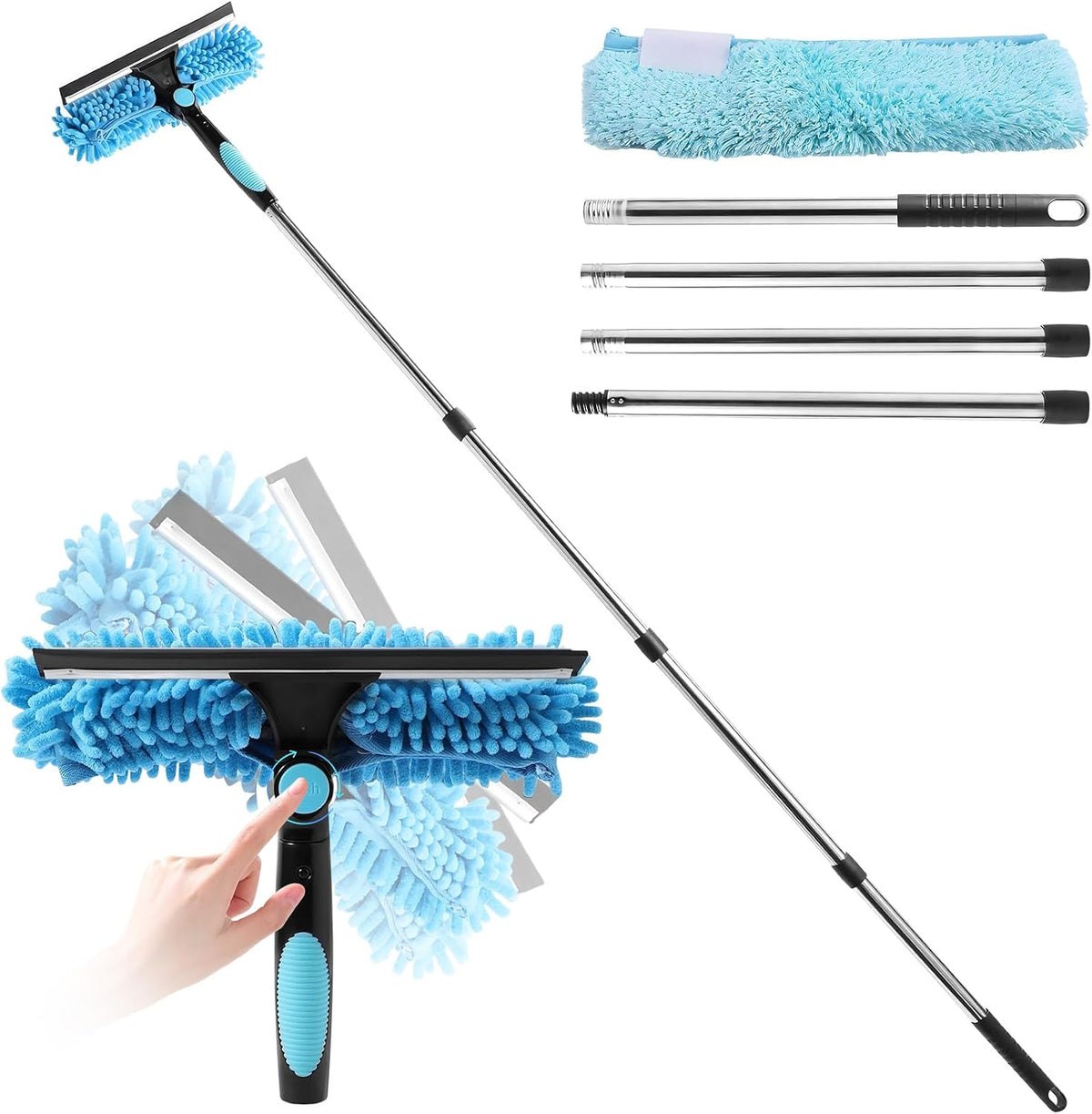 Window Cleaner with Long Handle, 2 in 1 window cleaning kit with Microfiber Cloth 270° Rotatable Telescopic Adjustable up to 64.96in, for Home Shower Car Upstairs Windows