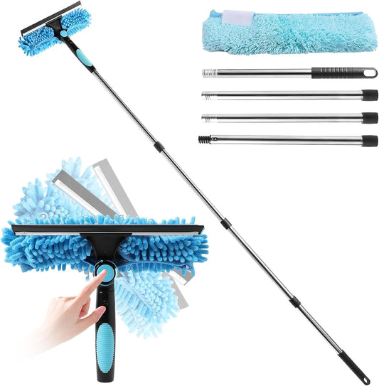 Window Cleaner with Long Handle, 2 in 1 window cleaning kit with Microfiber Cloth 270° Rotatable Telescopic Adjustable up to 64.96in, for Home Shower Car Upstairs Windows