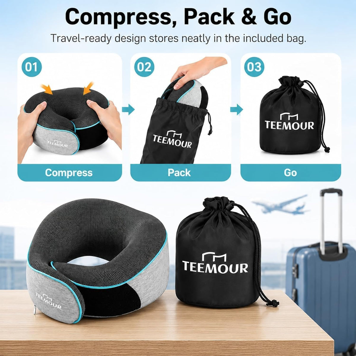 Travel Pillow for Adults,Memory Foam Airplane Pillow with 360 Neck Support, Includes Storage Bag, Eye Mask, Ear Plugs, Adjustable Travel Pillow for Long Flights,Train,Car & Business Trips(Dark Grey)