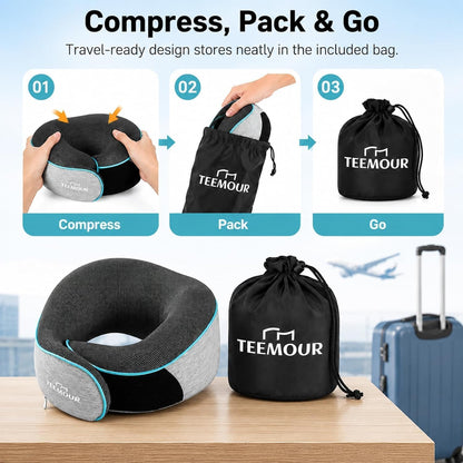 Travel Pillow for Adults,Memory Foam Airplane Pillow with 360 Neck Support, Includes Storage Bag, Eye Mask, Ear Plugs, Adjustable Travel Pillow for Long Flights,Train,Car & Business Trips(Dark Grey)