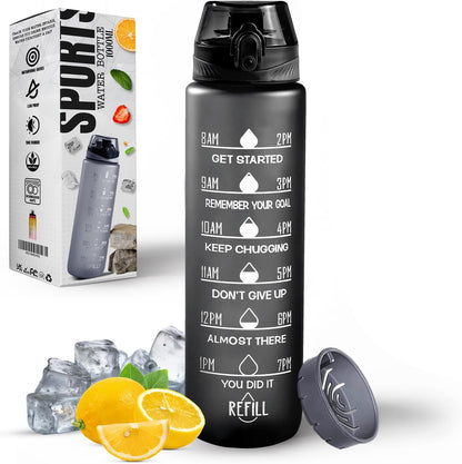 Roe Tenpo Water Bottle 1L, Sports Water Bottle with Time Markings, BPA-Free, Leak-Proof Drinks Bottle, Perfect for Running, Cycling, Gym, Yoga, Camping and Outdoor Activities