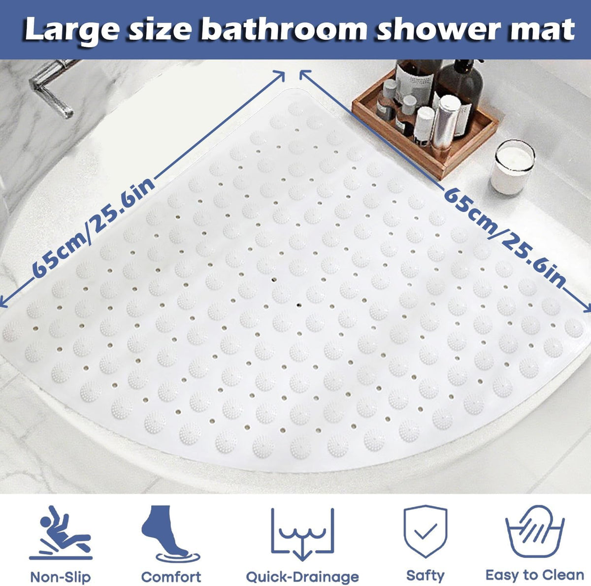 65 x 65 cm Corner Shower Mat Non Slip Anti Mould (white)