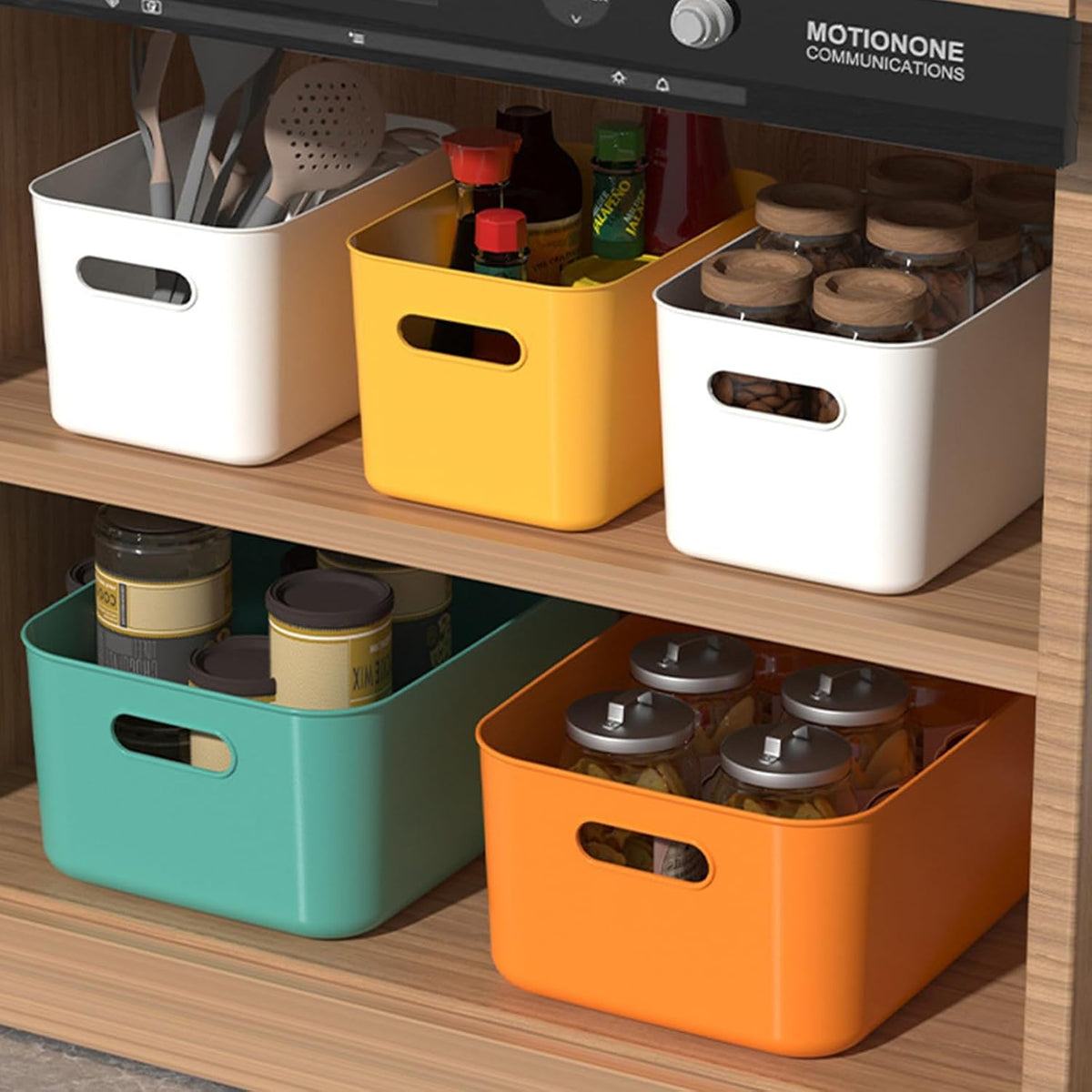 ASelected 4 Pcs Storage Boxes with Lids,Plastic Storage Boxes Kitchen Stackable Storage Baskets for Kitchen, Cupboard, Office, Bathroom, Toy 25.5X18X15.4 cm