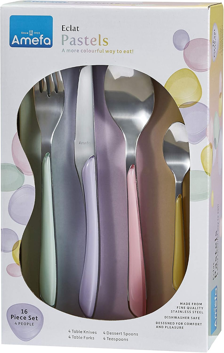 Amefa ECLAT Pastels 16 Piece Cutlery Set for 4 – 4 Pastel Colours – Mix & Match Coloured Handles – 18/0 Stainless Steel – Modern Cutlery with Mint, Lilac, Pink & Yellow Handles