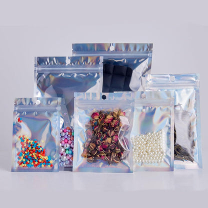 50pcs Holographic Mylar Bags 20x30cm - Purple Resealable Smell Proof Pouches for Lipgloss, Jewelry, Eyelash, Food Storage With Grip Foil Ziplock