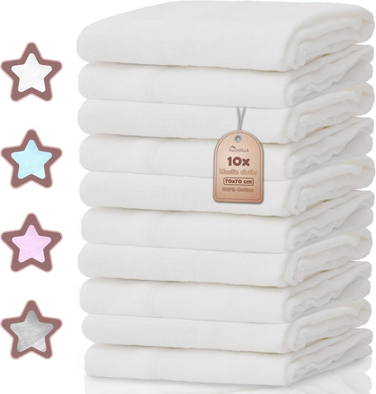 NatureMark 10-Pack Baby Muslin Cloths - 100% Cotton Burp Cloths - Soft and Absorbent for Nursing & Baby Care, Washcloths - White, 70 x 70 cm