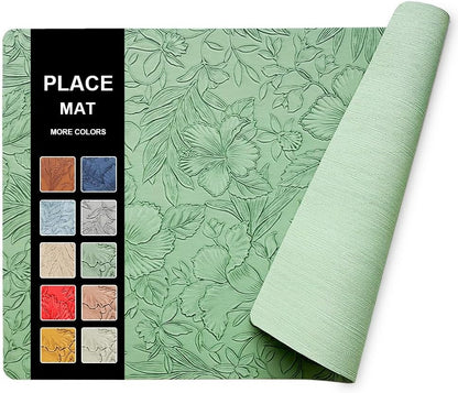 6 Pack with 6 Coasters Set - Artificial Leather Heat Resistant Waterproof Table Mats for Kitchen Dining Table Restaurant Hotel Use, 43x30cm with 10cm Round Coasters, Floral Design（Green ）