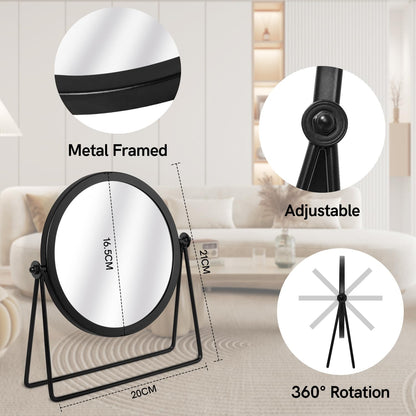 JJUUYOU Desk Mirror with Metal Framed Round Tabletop Mirror 360°Rotation Small Makeup with Stand Mirrors for for Office Dorm Room Cosmetic Black