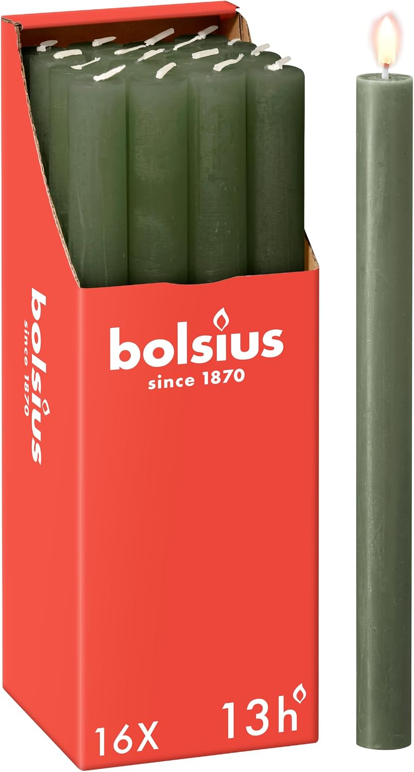 Bolsius Rustic Dinner Candles - Dark Green - Pack of 16 - Long Burning Time of 13 Hours - Interior Decoration - Unscented - Includes Natural Vegan Wax - 27 x 2.3 cm