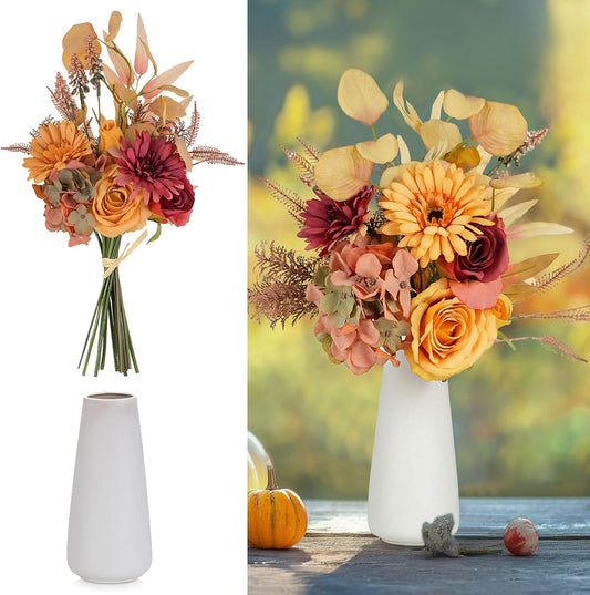 BLOSMON Autumn Flowers Artificial in Vase: Fall Fake Flower Bouquet in Vases for Table Centrepieces - Orange Red Faux Silk Arrangements Home Party Decorations
