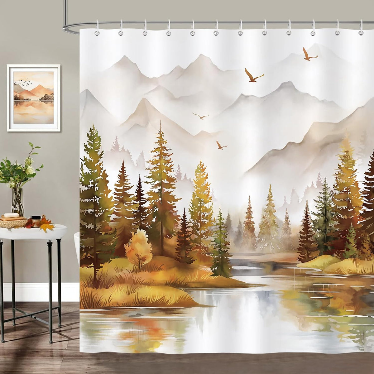 Bonhause Misty Forest Shower Curtain, Orange Pine Tree Woodland Nature Bathroom Curtain 180 x 180 cm Waterproof Mildew and Mould Resistant Polyester Fabric Bath Curtain with 12 Hooks