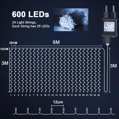 Curtain Lights 6M*3M 600 LED Curtain Fairy Lights Main Powered