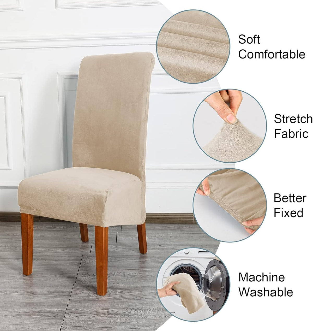 CMAKER Velvet Dining Chair Covers, Stretch Large Chair Slipcover, Spandex High Back Chairs Cover Elastic Washable Removable XL Chair Protector,Set of 2,Beige