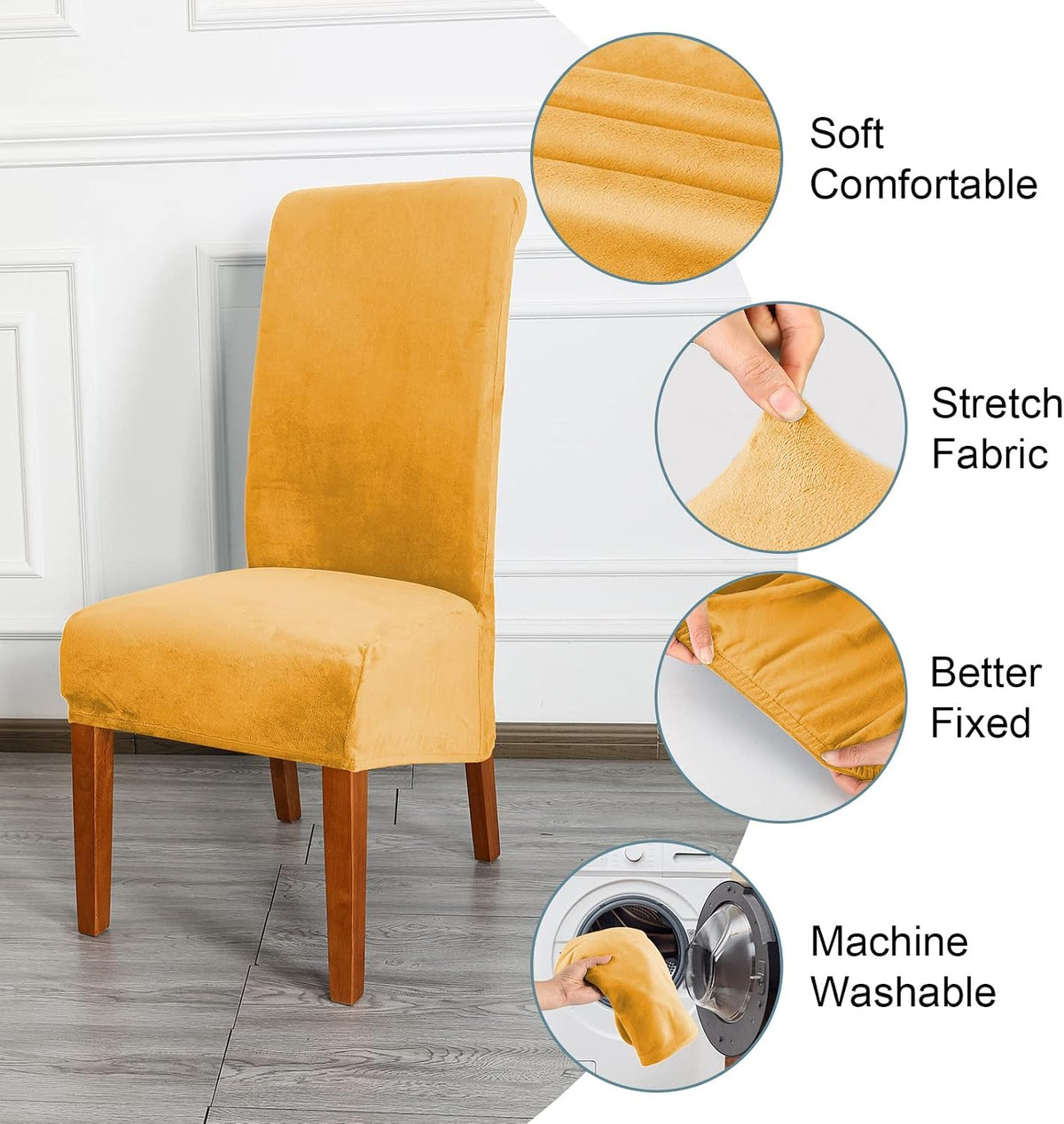 CMAKER Velvet Dining Chair Covers, Stretch Large Chair Slipcover, Spandex High Back Chairs Cover Elastic Washable Removable XL Chair Protector,Set of ２,Gold