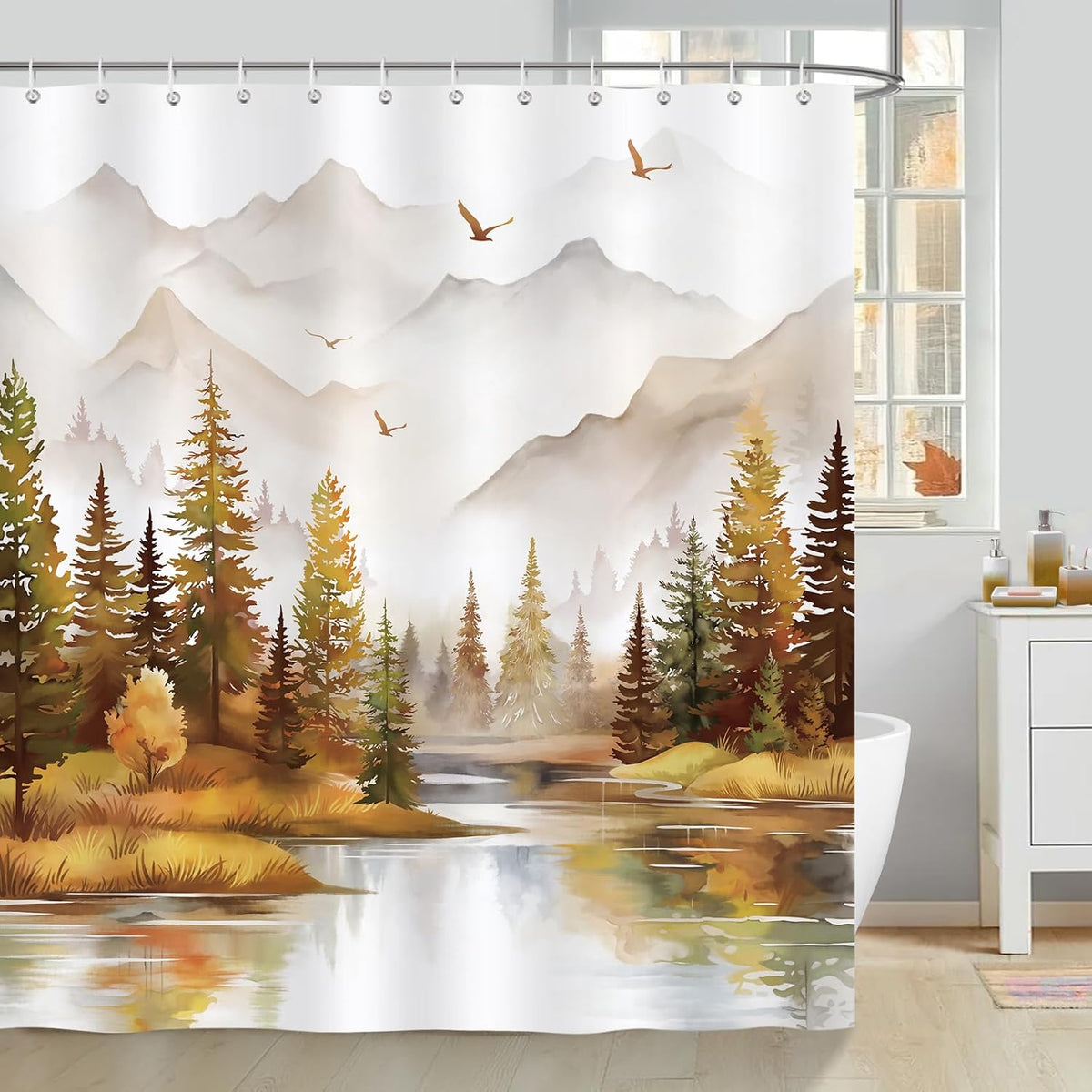 Bonhause Misty Forest Shower Curtain, Orange Pine Tree Woodland Nature Bathroom Curtain 180 x 180 cm Waterproof Mildew and Mould Resistant Polyester Fabric Bath Curtain with 12 Hooks