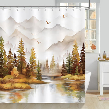 Bonhause Misty Forest Shower Curtain, Orange Pine Tree Woodland Nature Bathroom Curtain 180 x 180 cm Waterproof Mildew and Mould Resistant Polyester Fabric Bath Curtain with 12 Hooks