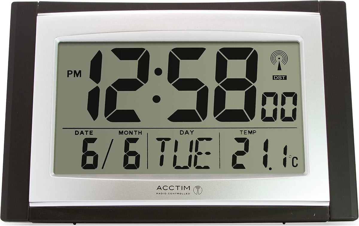 Acctim Stratus radio controlled digital wall and desk clock with LCD display showing date day and temperature, battery powered kitchen or office clock with tabletop or wall mounting in black
