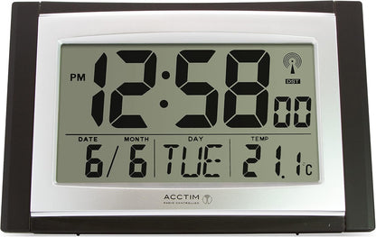 Acctim Stratus radio controlled digital wall and desk clock with LCD display showing date day and temperature, battery powered kitchen or office clock with tabletop or wall mounting in black