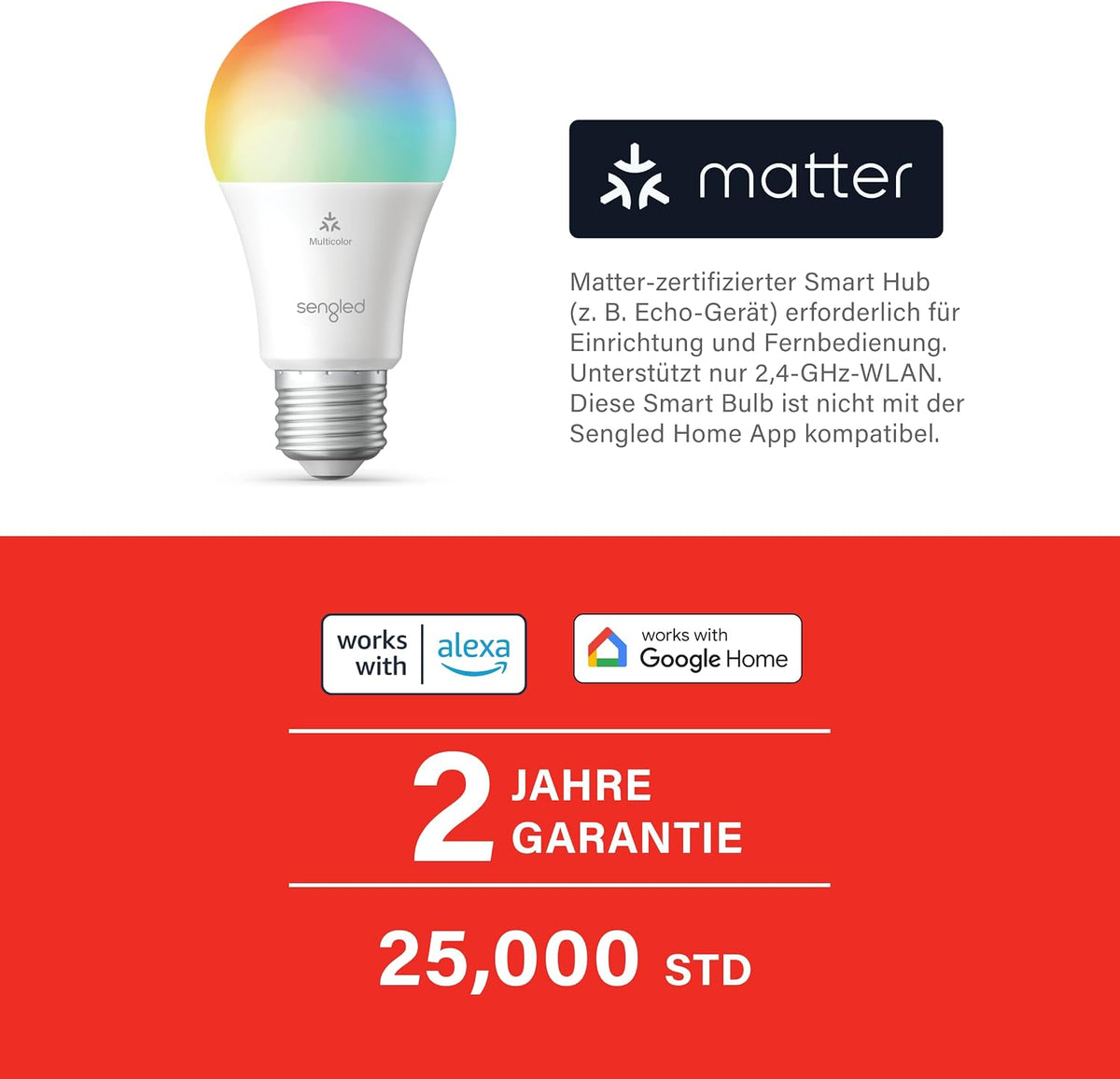 Sengled LED Smart Light Bulb (E27), Matter-Enabled, Multicolour, Works with Alexa, 60W Equivalent, 800LM, Instant Pairing, Matter-Compatible Platform Required, 2.4 GHz, Wi-Fi, 1-Pack