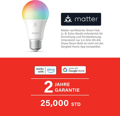 Sengled LED Smart Light Bulb (E27), Matter-Enabled, Multicolour, Works with Alexa, 60W Equivalent, 800LM, Instant Pairing, Matter-Compatible Platform Required, 2.4 GHz, Wi-Fi, 1-Pack