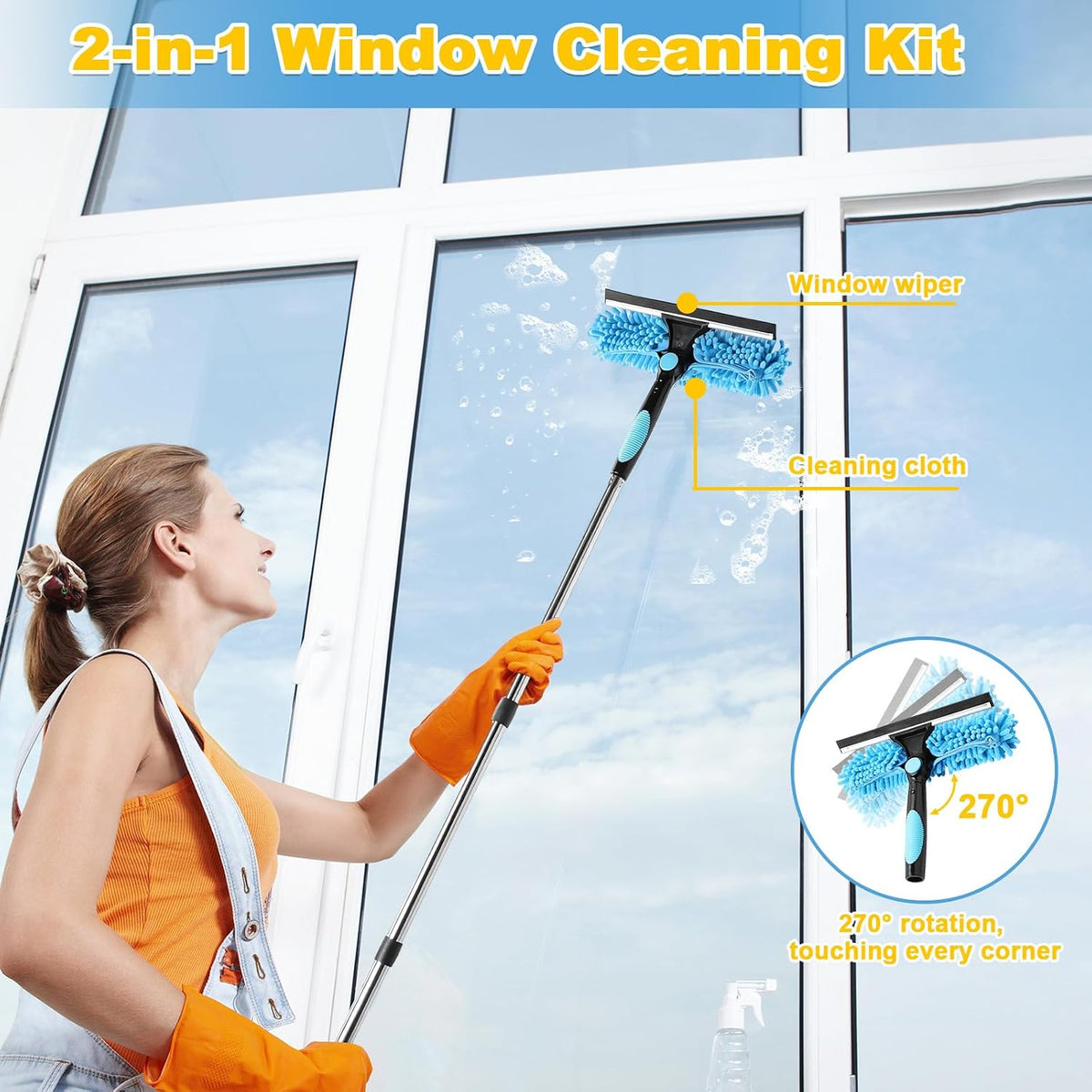 Window Cleaner with Long Handle, 2 in 1 window cleaning kit with Microfiber Cloth 270° Rotatable Telescopic Adjustable up to 64.96in, for Home Shower Car Upstairs Windows