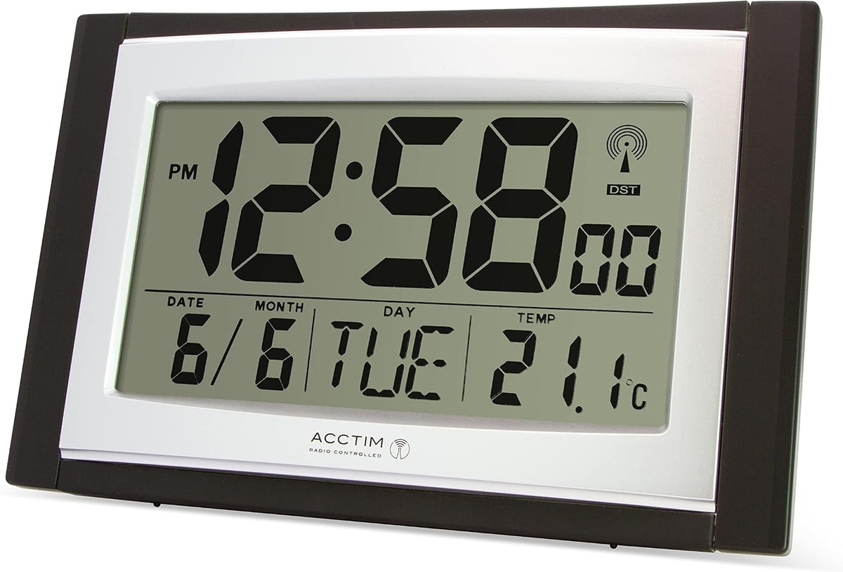 Acctim Stratus radio controlled digital wall and desk clock with LCD display showing date day and temperature, battery powered kitchen or office clock with tabletop or wall mounting in black