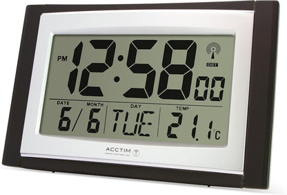 Acctim Stratus radio controlled digital wall and desk clock with LCD display showing date day and temperature, battery powered kitchen or office clock with tabletop or wall mounting in black