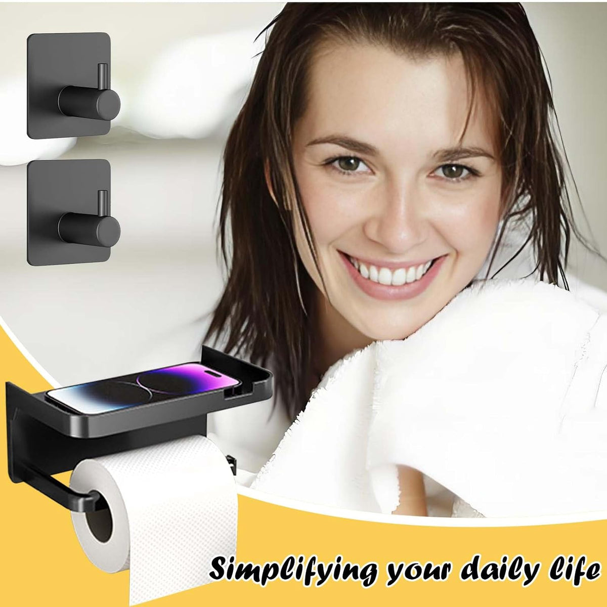 Self Adhesive Toilet Roll Holder with Shelf, No Drill Toilet Paper Holder with 2 Hooks, Space Saving Bathroom Accessories for Toilets, Kitchen, WC, Black